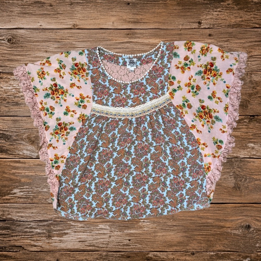 Boho Floral Paisley Babydoll Blouse Pink Blue Lace Flutter Sleeve Ivy Jane S - Picture 2 of 7